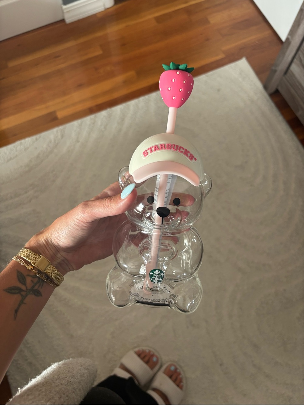 Starbucks Clear Bear Tumbler with Pink Strawberry Straw and Cream Pink Lid